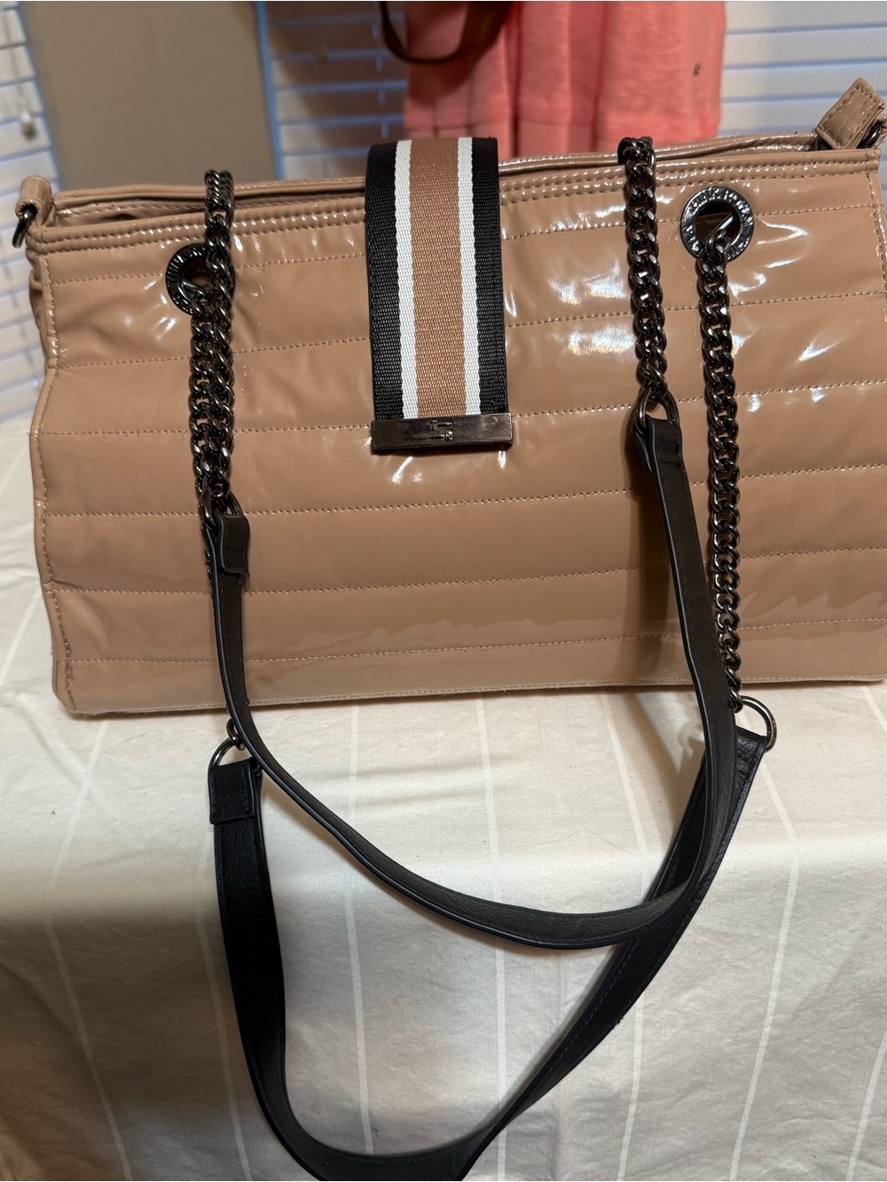 Think Royln Quilted Patent Tote Bag with Chain Straps - Neutral Beige